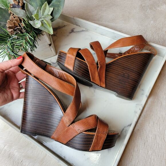 RALPH LAUREN Brown Open Toe Strappy Platform Wedges Size 8.5 - Picture 4 of 12